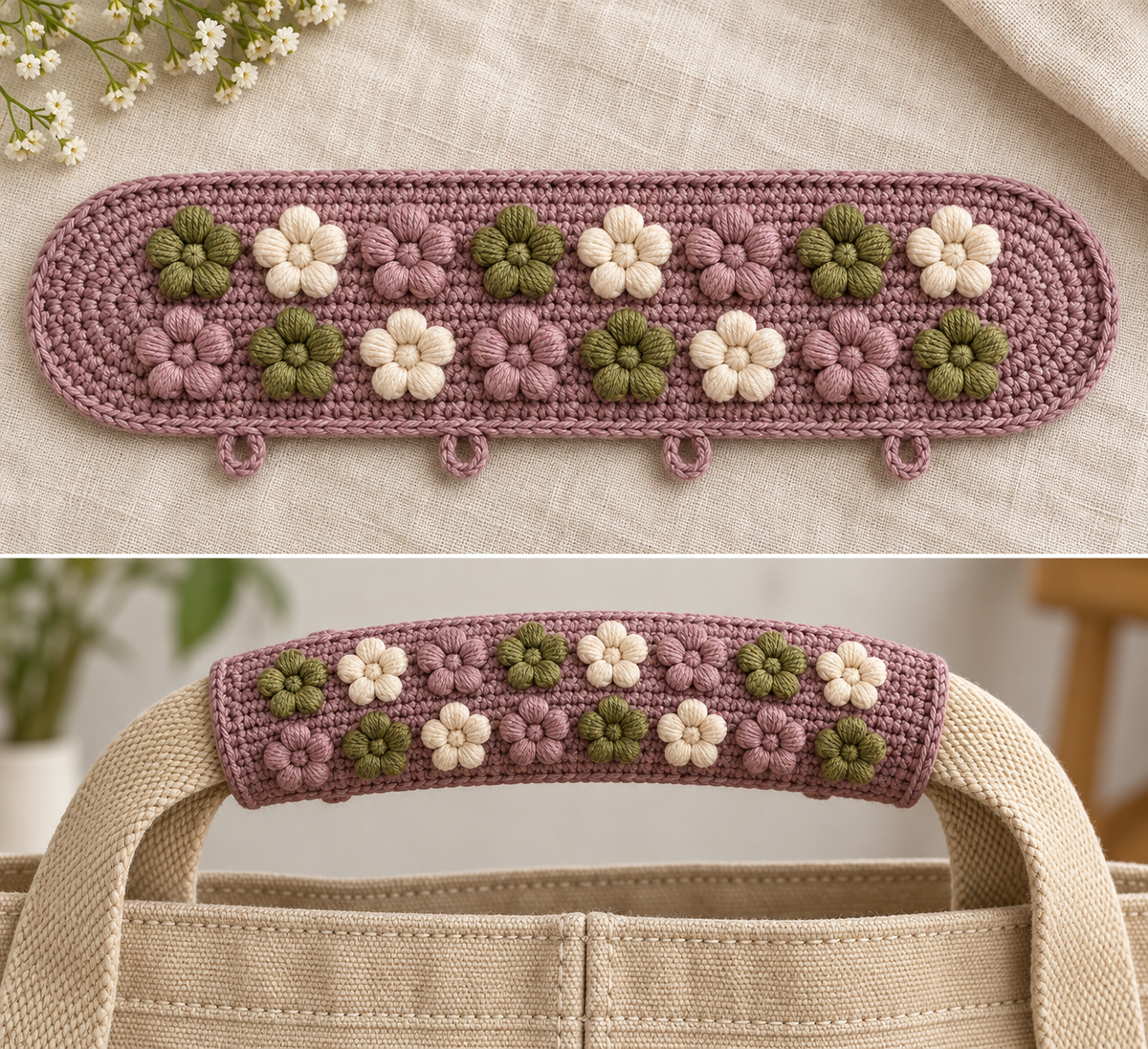 Generated design illustration: Sixteen five-puff flowers on a removable oval handle wrap with four underside loops. Illustrated color variation.
