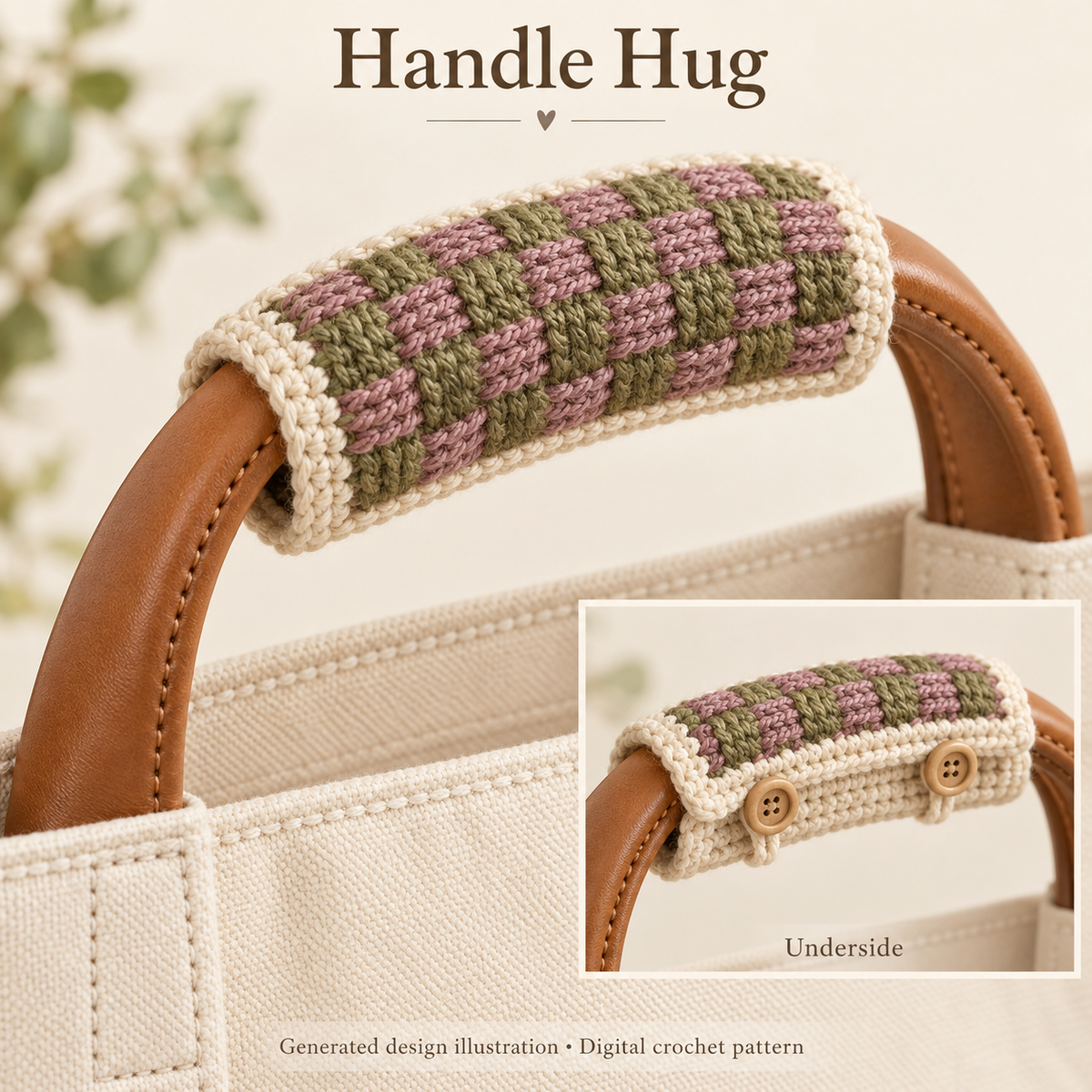 Basketweave handle wrap with cream border and two underside button-and-loop closures.