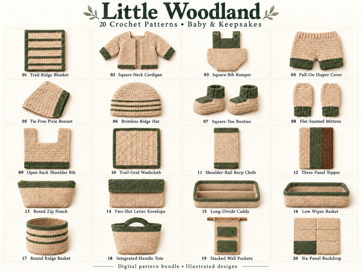 Digital design illustration showing the 20 labeled Little Woodland crochet projects: blanket, cardigan, romper, diaper cover, bonnet, hat, booties, mittens, bib, washcloth, burp cloth, changing-surface topper, zip pouch, letters envelope, caddy, wipes basket, storage basket, tote, wall organizer and photo backdrop. The illustration is not a photograph of physical samples.