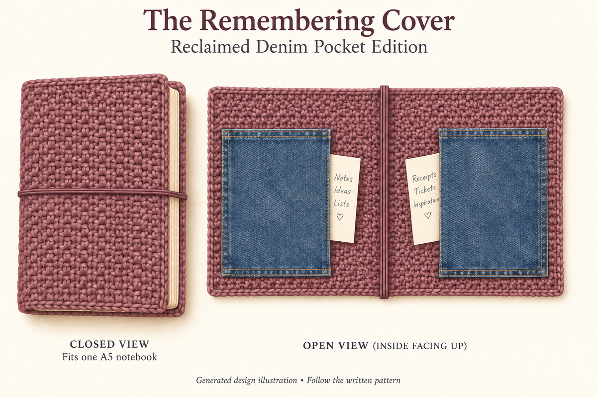 Mauve crocheted notebook jacket with two inward-opening denim note pockets and elastic closures.
