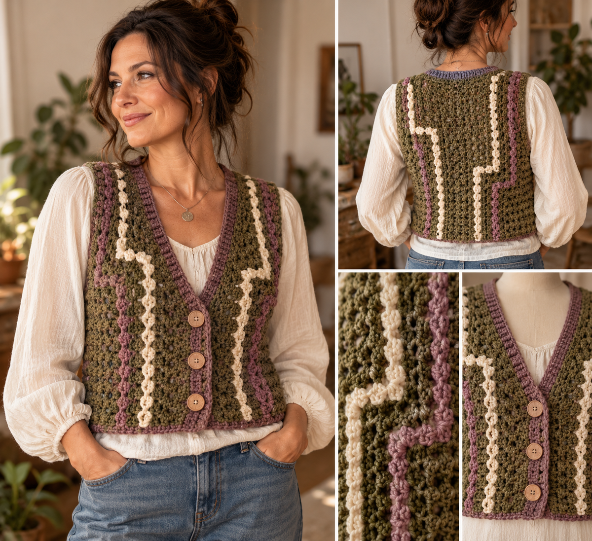 Generated illustration of the cropped olive crochet vest with mauve edging, three buttons and raised returning paths.