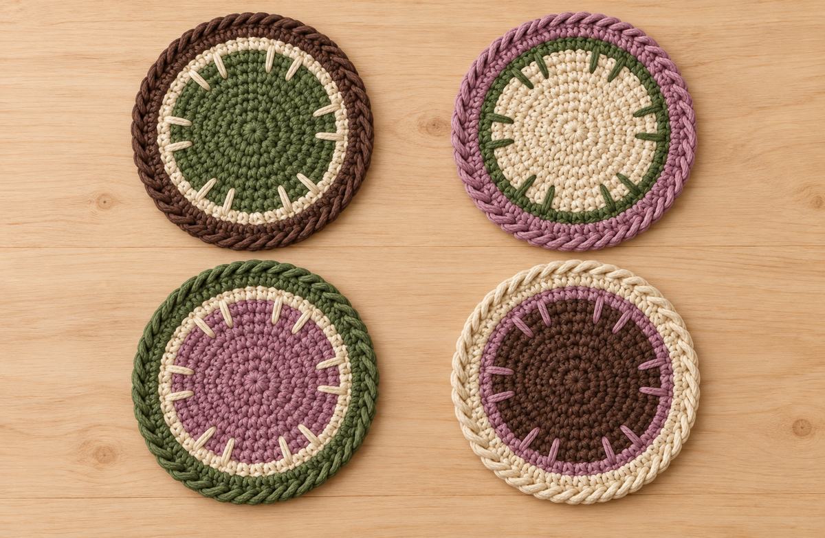 AI-generated design illustration of four coordinating cotton crochet coasters in olive, cream, mauve and dark brown.