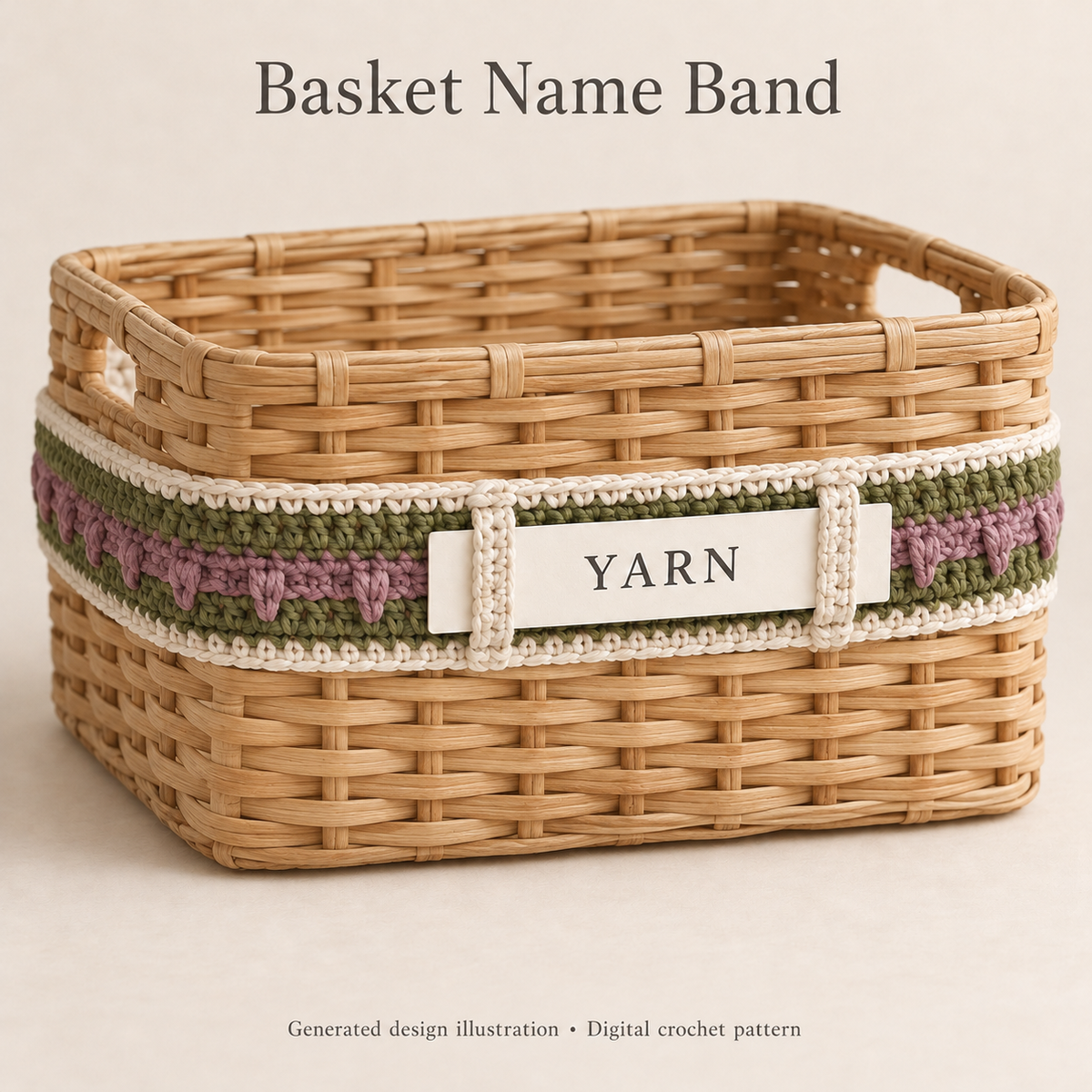 Generated illustration of a cream, olive and mauve removable basket band with two vertical label keepers.