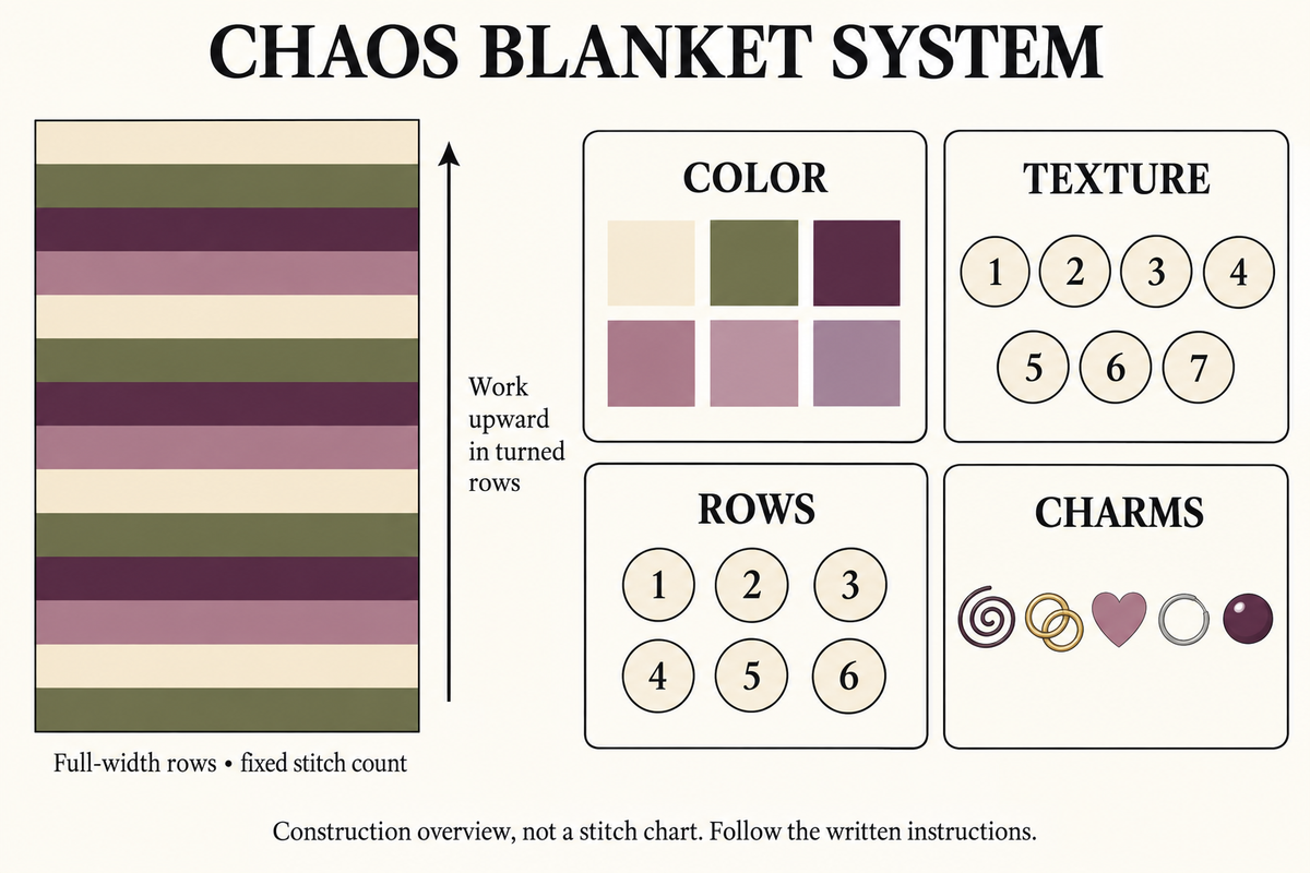 Chaos Blanket System construction overview: one striped flat-row blanket beside color, texture, row and charm decision groups. Diagram only, not a stitch chart or finished-sample photograph.