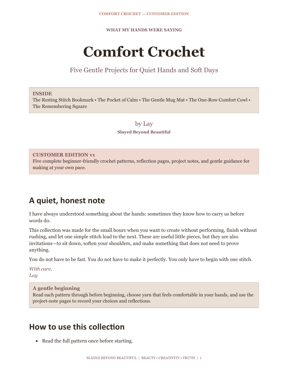 Comfort Crochet digital pattern collection cover — five beginner crochet projects by Lay