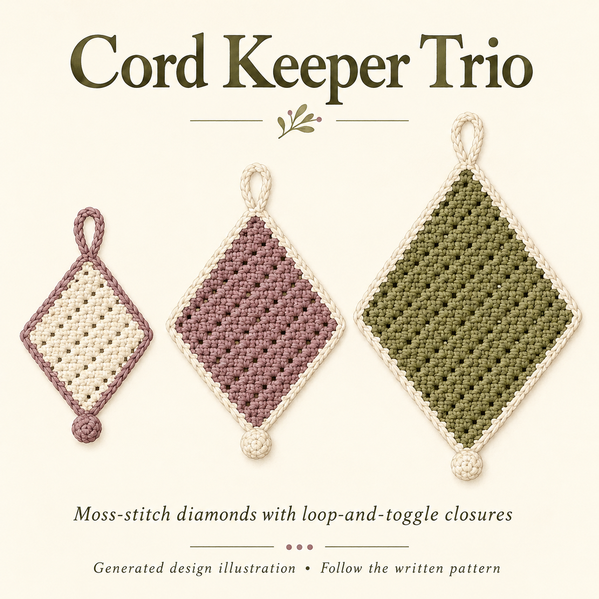 Generated illustration of three flat moss-stitch diamonds with contrast edges, chain loops and opposite crocheted toggles.