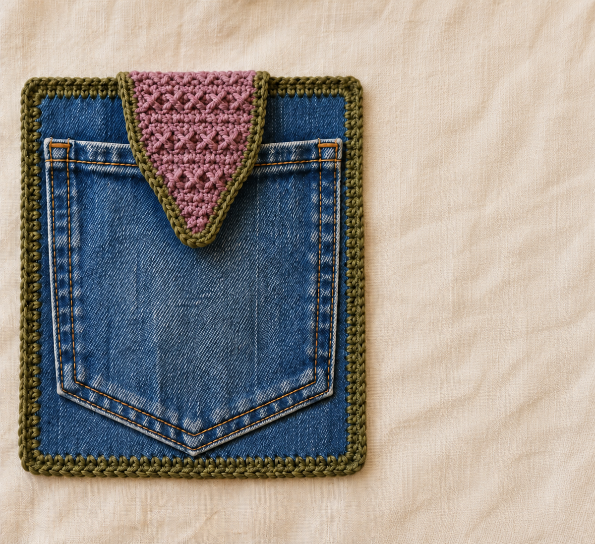 Generated design illustration: Reclaimed denim pocket on four-corner backing, olive border and tapered mauve crossed-row flap with concealed closure.