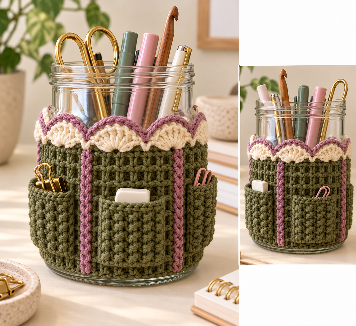 Generated design illustration: Olive linked-stitch jar cuff with four pockets, mauve rails and cream shell crown below the exposed glass rim.