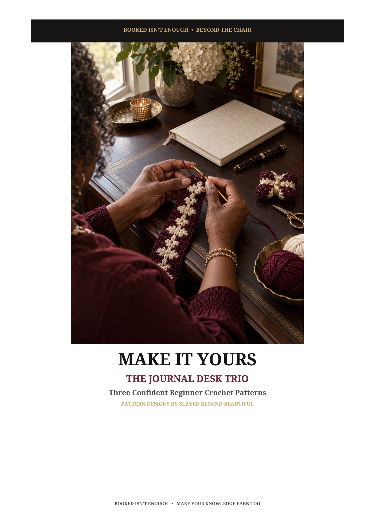 Journal Desk Trio PDF cover with an editorial illustration of a person crocheting beside an open journal and yarn. The collection includes Journal Cuff, Keeper Cuff and Pen Rest; this is not a finished-project test photograph.