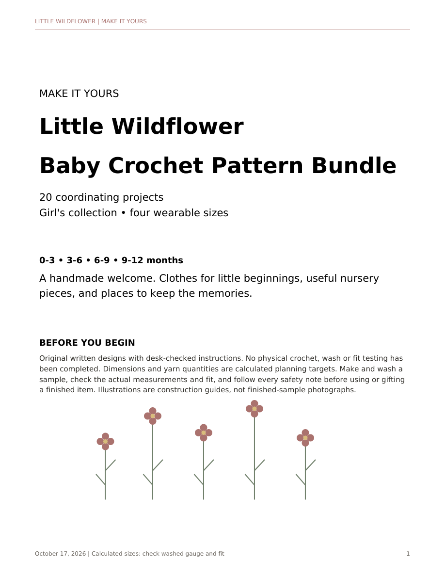 Little Wildflower digital crochet bundle cover with original vector flowers. Illustration, not a physical sample photograph.
