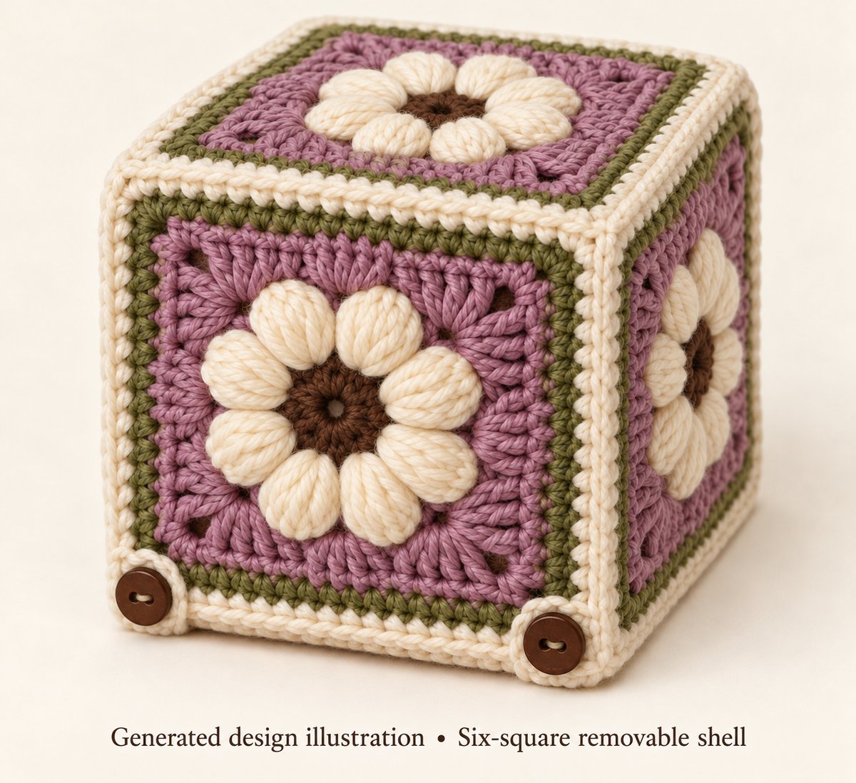 Six-panel crochet cube cover with single-ring brown centers, eight cream puffs per square and buttoned lower opening.