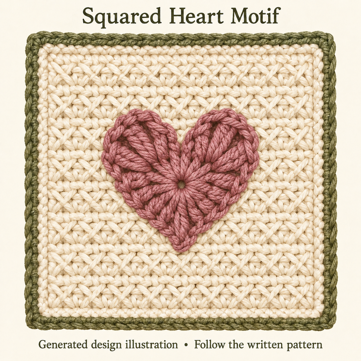 Mauve single-ring crochet heart on a cream crossed-stitch square with olive border.