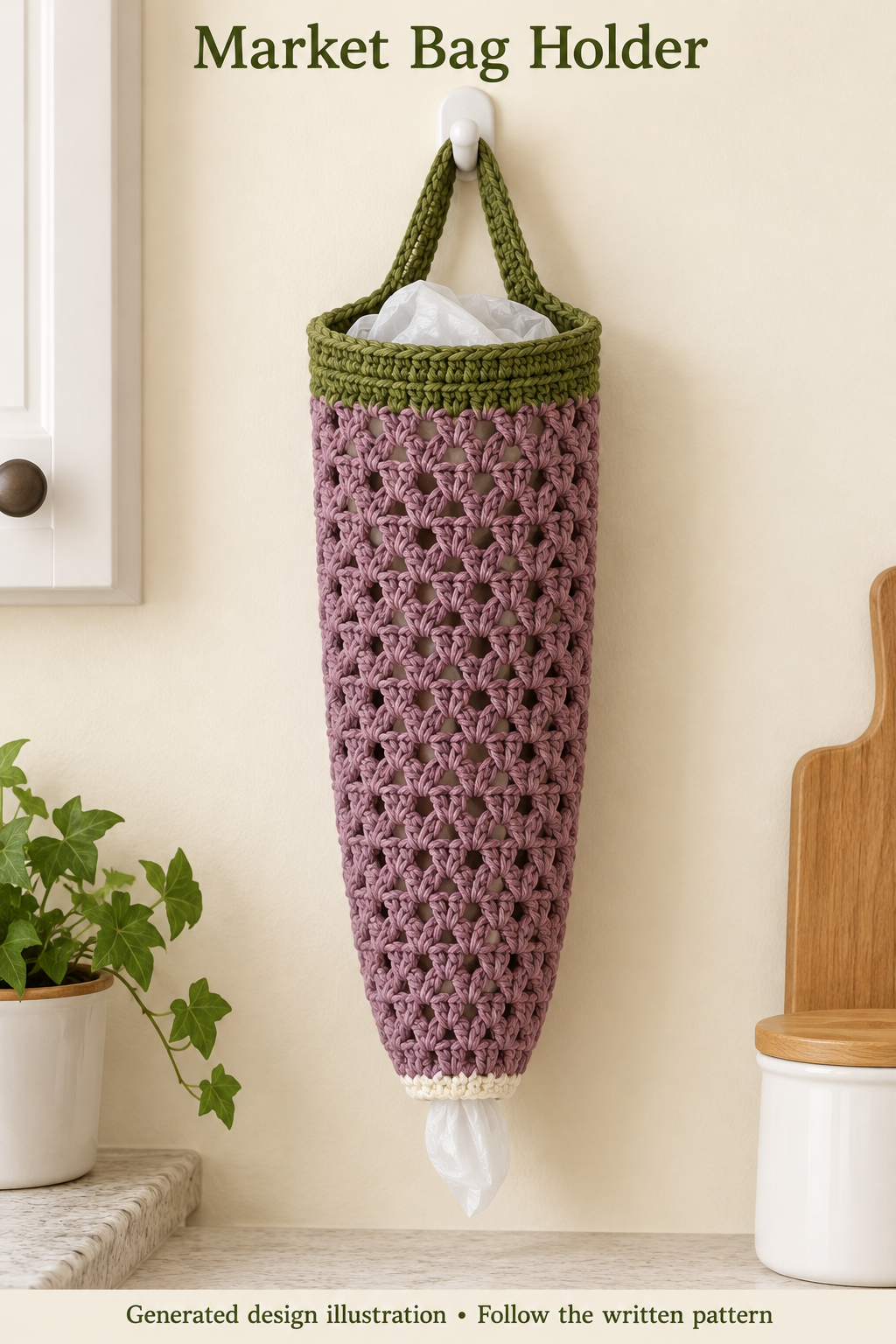 Mauve tapered V-stitch bag-storage tube with cream lower opening, olive upper band and hanging loop.