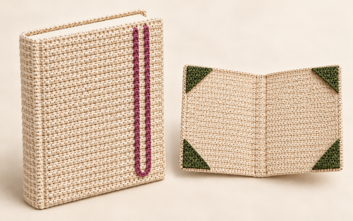 Cream crochet journal jacket with mauve returning line, shown closed and with four olive corner holders inside.