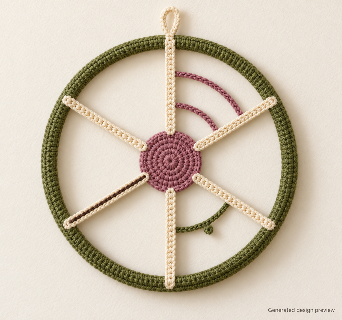 Generated design preview of the Open Space Hoop: five-round center, six olive spokes, two mauve chain arcs, a cream picot bridge and a brown surface line.
