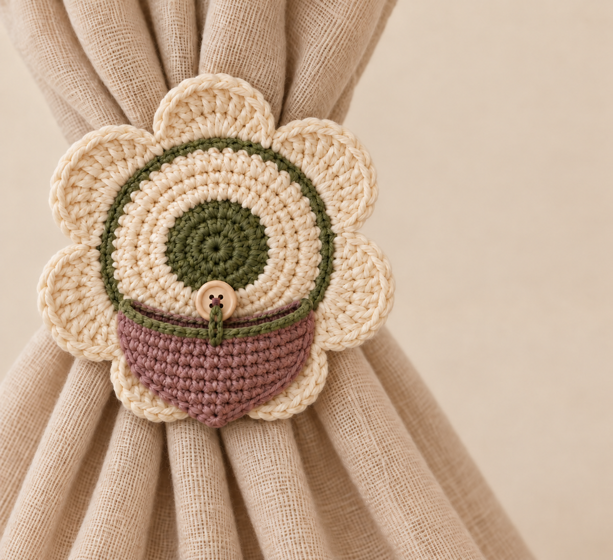 Generated design illustration: Six-petal scarf medallion with small mauve front pocket, button closure and hidden rear clasp.