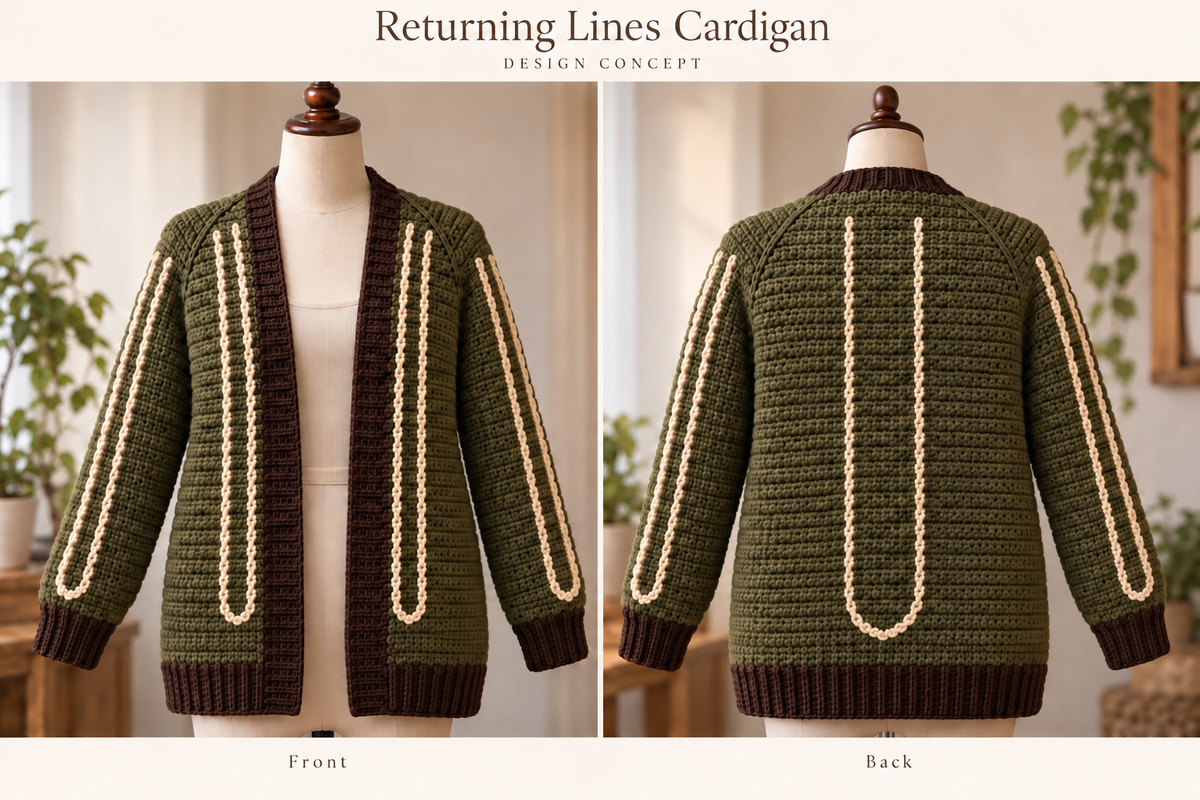 Returning Lines Cardigan generated design concept, front and back: olive open-front raglan, deep-brown bands, and five cream U-shaped surface-crochet paths. Illustration, not a photographed or tested sample.