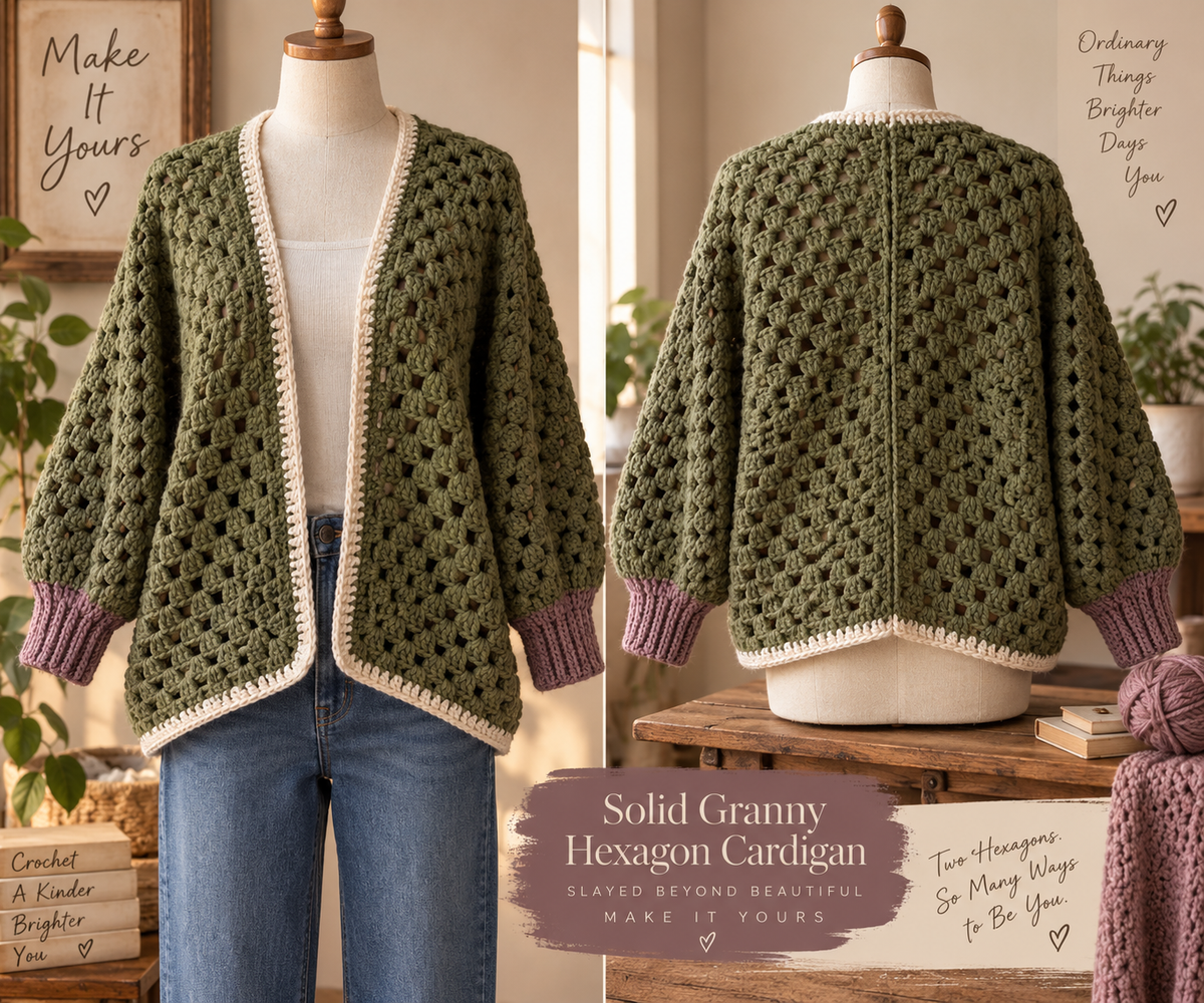 Generated design illustration of an olive granny hexagon cardigan with cream body edging and mauve ribbed cuffs.
