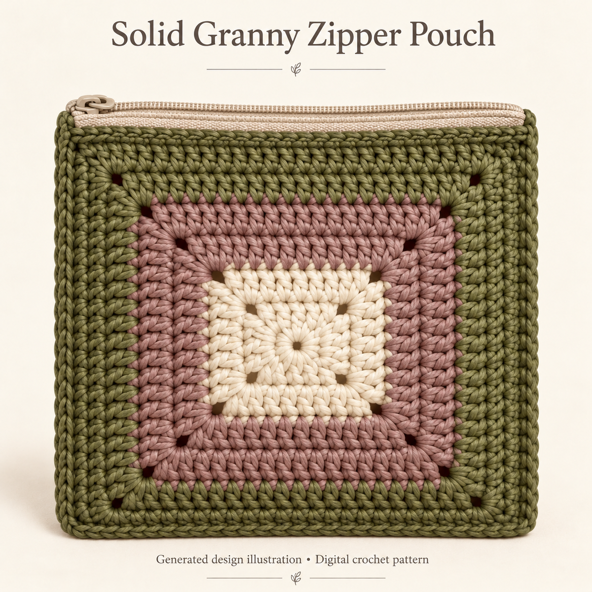 Generated illustration of a nearly square solid granny zipper pouch, one cream-mauve-olive square per side.