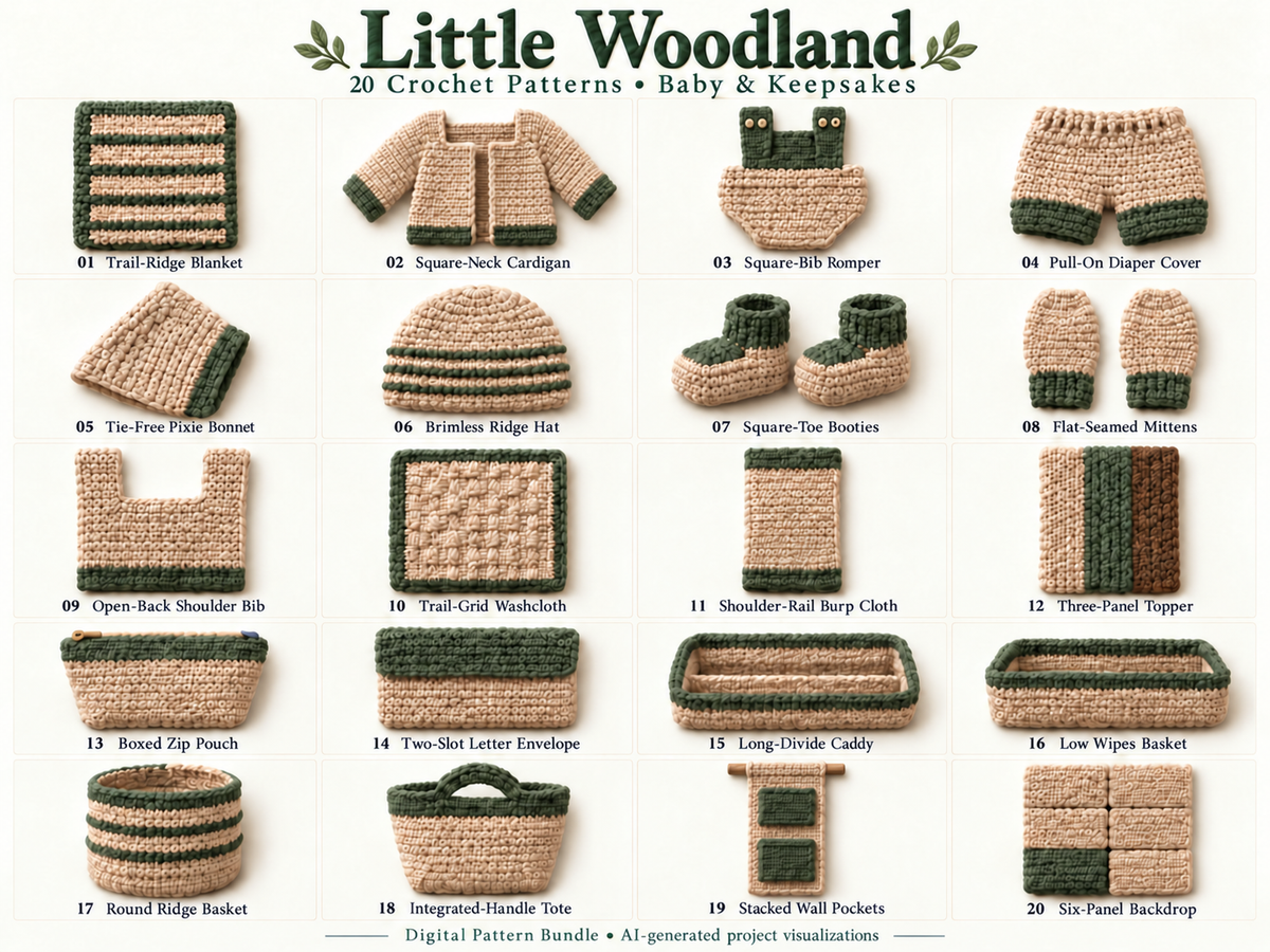 Generated yarn-textured visualization of Little Woodland — 20-Project Baby Crochet Pattern Bundle. Not a physical sample photograph or exact stitch-count chart.
