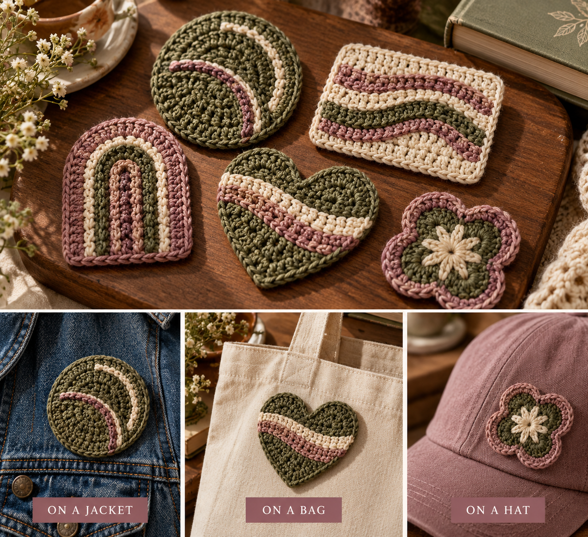 AI-generated design illustration: olive, cream and mauve circle, arch, rectangle, heart and flower crochet patches.