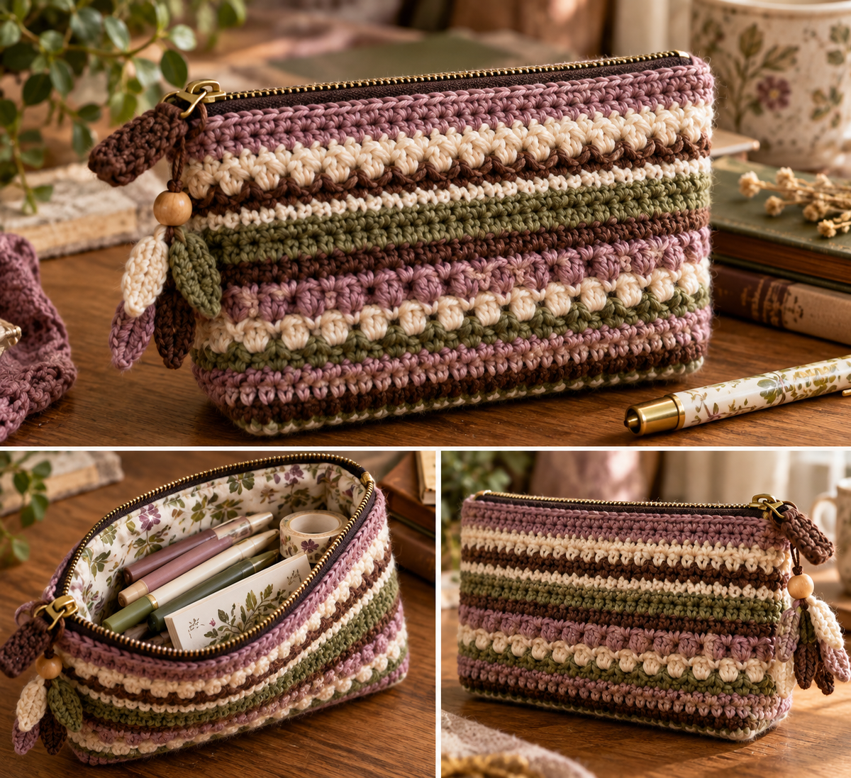 Generated illustration of the striped rectangular crochet pouch with floral lining and leaf charms.